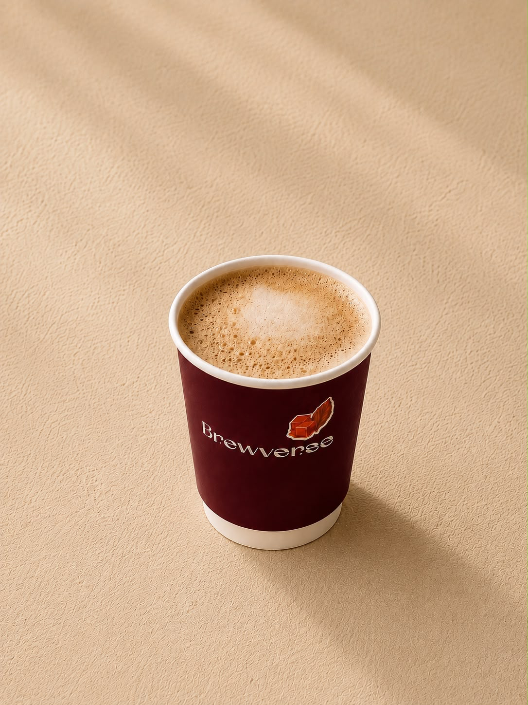 Brewverse caramel tobacco drink in a burgundy cup